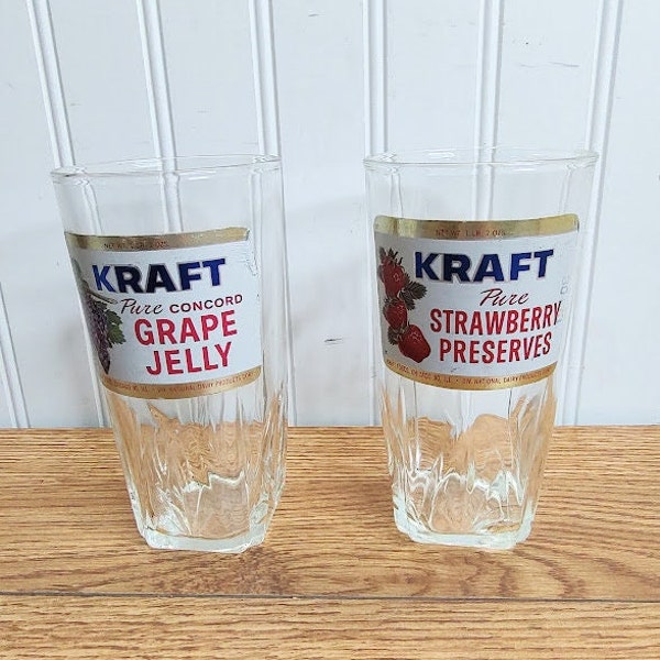 Vintage Kraft Grape Jelly & Strawberry Perserve Glasses ~ Retro Advertising ~ Vintage Kitchen ~ Jelly Jar Glass Tumblers