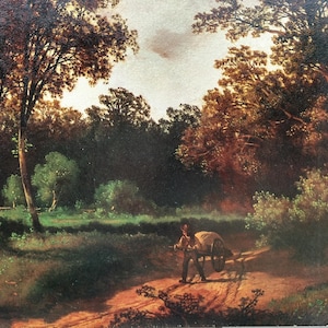 May include: A painting depicting a man pushing a cart along a dirt track in a woodland setting. The trees are predominantly green and brown, with a pale blue sky. The man is dressed in a brown jacket and trousers, wearing a hat.