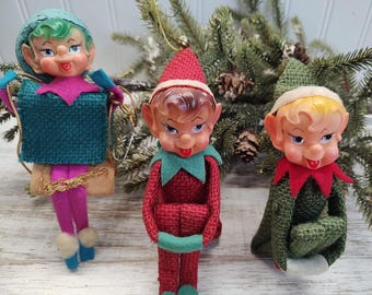 Burlap Knee Hugger Elves ~ Pixie Elf Shelf Sitters ~ Vintage 1950's Christmas Elves