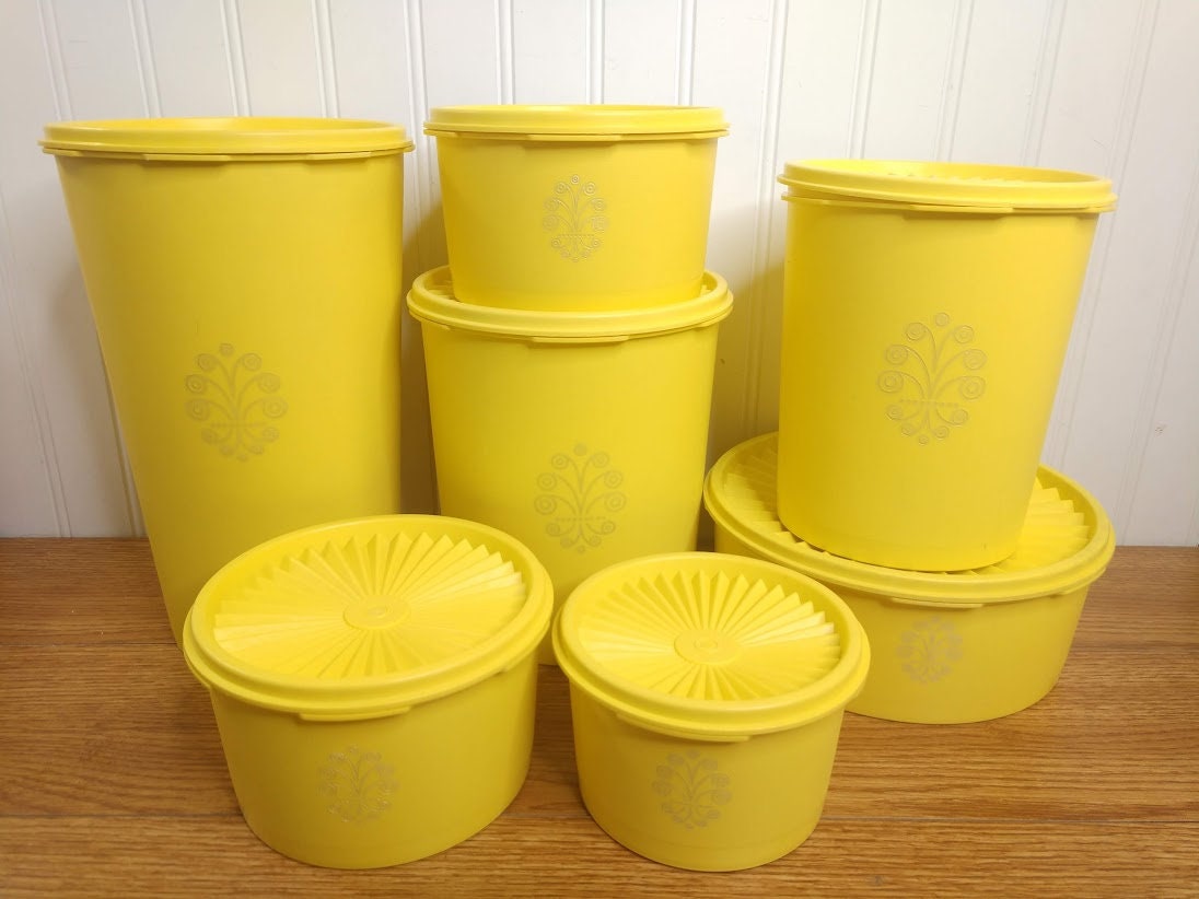 3 Tupperware Canisters Set Yellow Orange Flower with Lids Storage Retro Vtg  Lot