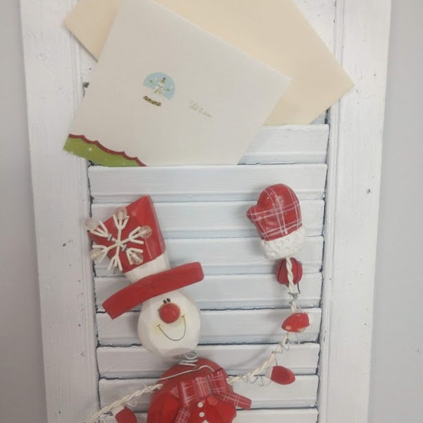 Small Wooden Shutter Upcycled to Snowman Themed Message Board / Card Holder