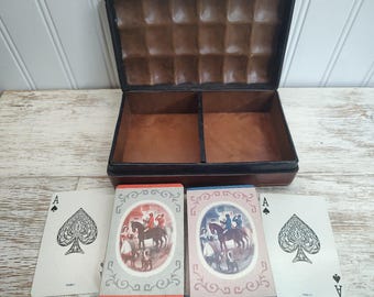 Vintage Swedish American Line Embossed Leather Playing Card Case with Two Decks of Vintage Playing Cards