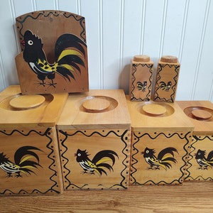 Hand Painted Rooster Stackable Canister Set Of 4 with Napkin Holder and matching Salt & Pepper Shakers , Woodpecker Woodware Japan