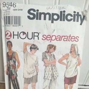 May include: A vintage Simplicity sewing pattern, size F, featuring illustrations of women's separates. The pattern includes the text "2 HOUR separates" and the size range 18W-24W. The pattern is slightly aged with some discoloration.