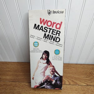 May include: A box for the board game "Word Mastermind" by Invicta. The box features a photo of a man and woman in formal attire. The game is available in multiple languages, including English, French, Spanish, Italian, and Portuguese.