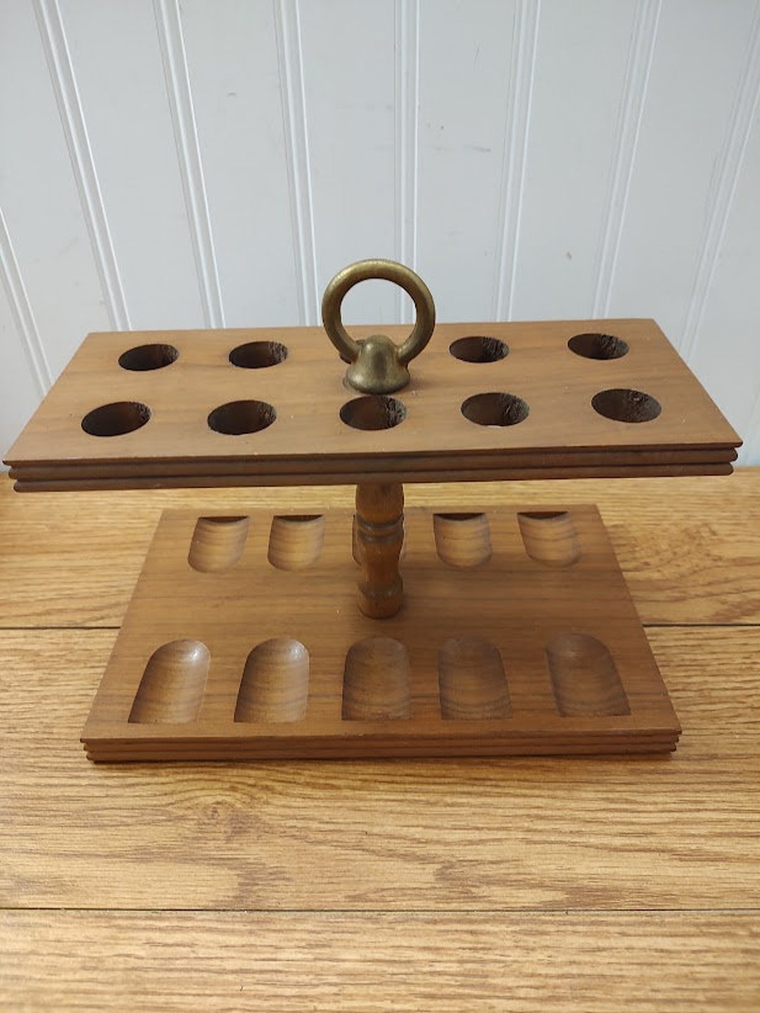 Vintage 10 Pipe Wood Rack Stand Holder With Brass Handle Etsy
