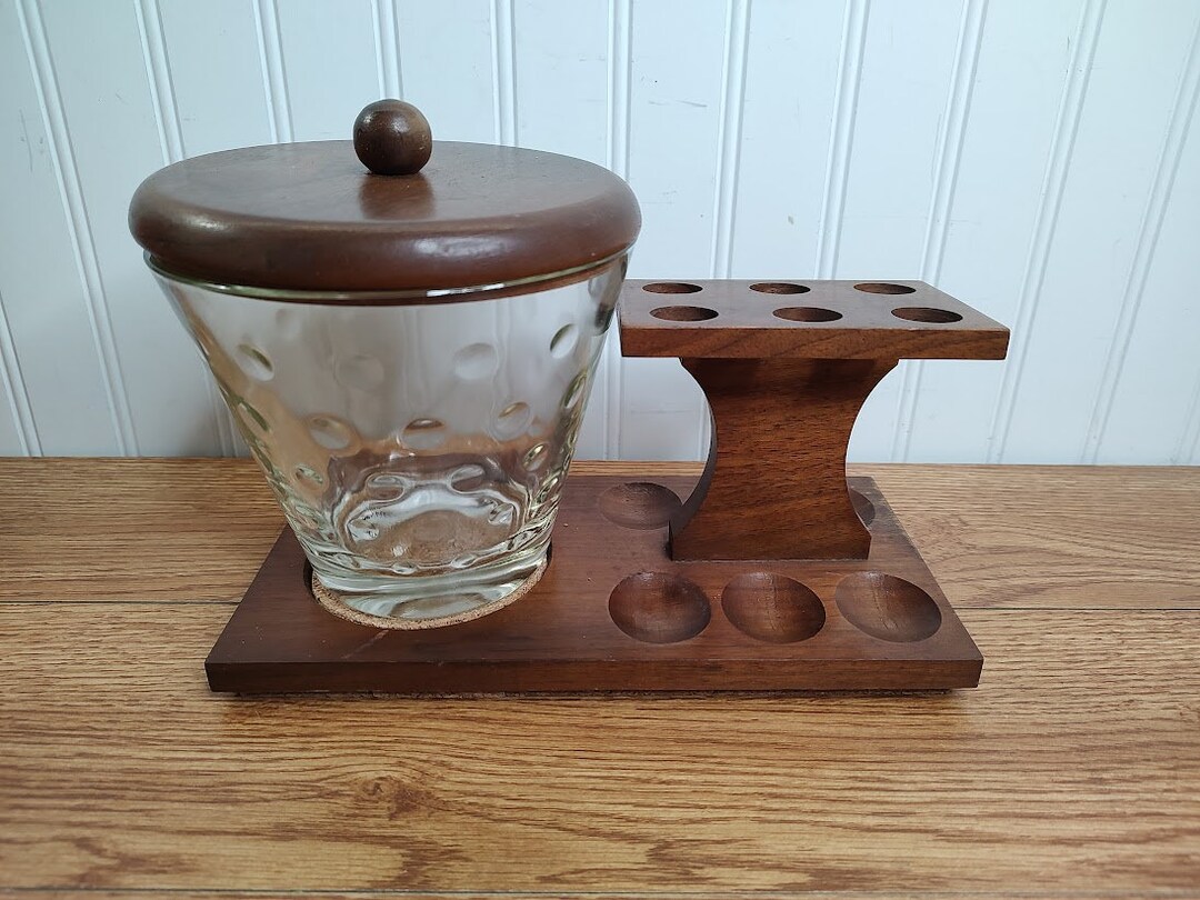 Vintage 6 Pipe Wood Rack Stand Holder With Glass Humidor Etsy