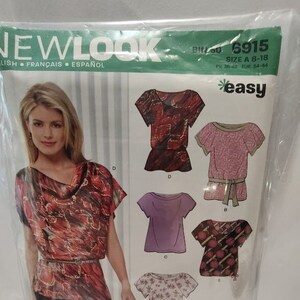 May include: A sewing pattern for five different tops. The pattern is for sizes 8-18 and includes instructions for making a red and black patterned top, a pink top with a tie belt, a purple top, a brown and white patterned top, and a floral patterned top. The pattern is from New Look and is labeled "easy".