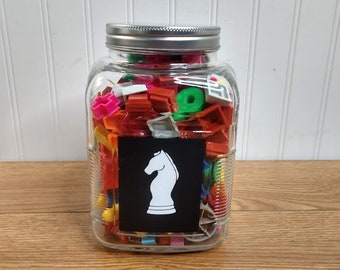 Large Jar Assorted Game Pieces ~ Game Room Decor ~ Colorful Shelf Decor ~ Tchotchke Jar with Vintage Game Pieces