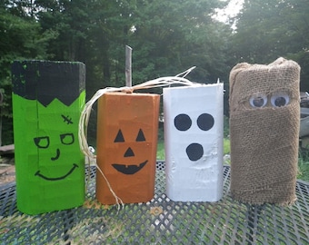 Halloween decoration with Wooden Monsters ~ Pumpkin Ghost Frankenstein and Ghoul ~ Happy Halloween