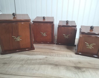 Mid Century Wood 4pc Canister set American Eagle and Stars Kitchen Storage