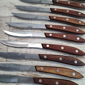 Walco Fine Stainless Japan 8&quot; Knife Set of 10 Wood Handles Vintage Kitchenware Utensils