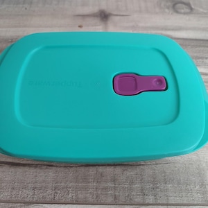 May include: A teal-colored Tupperware container with a purple locking mechanism. The container has a rectangular shape with rounded edges. The Tupperware logo is visible on the lid.