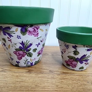 Set of Two Decoupage Fabric Terracota Plant Pot ~