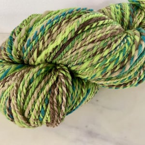 Rustic Organic Handspun Yarn, Moss Colorway, 2-Ply in Green, Brown, and Yellow, 303 yards