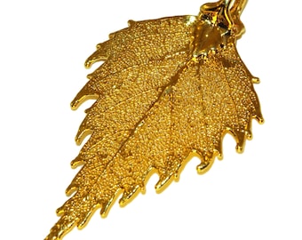 Colgante de hoja de abedul auténtica en oro de 24 quilates