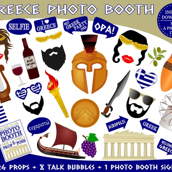 PRINTABLE Greece Photo Booth Props–Greece Travel Props-Greek Photo Booth Props-Greek Party Props-Toga Party Props-Instant Download
