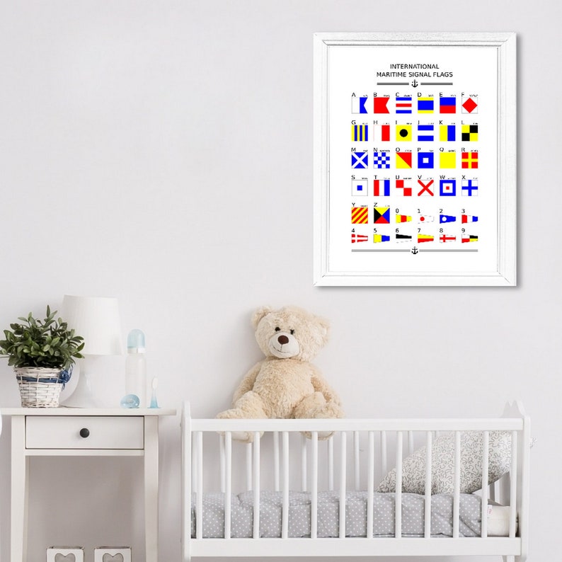 May include: A white framed poster with the title "International Maritime Signal Flags" and a chart of flags with their corresponding letters and numbers. The flags are red, yellow, blue, and white.