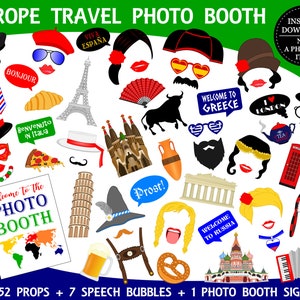 PRINTABLE Europe Photo Booth Props–Europe Travel Photo Props-Travel Photo Booth Sign-Around The World Props-Travel Props-Spain Italy France