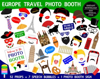 PRINTABLE Europe Photo Booth Props–Europe Travel Photo Props-Travel Photo Booth Sign-Around The World Props-Travel Props-Spain Italy France