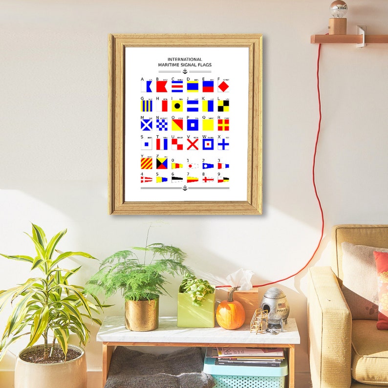 May include: A framed chart of the International Maritime Signal Flags. The chart shows the flags in alphabetical order, with the corresponding letter and number printed below each flag.