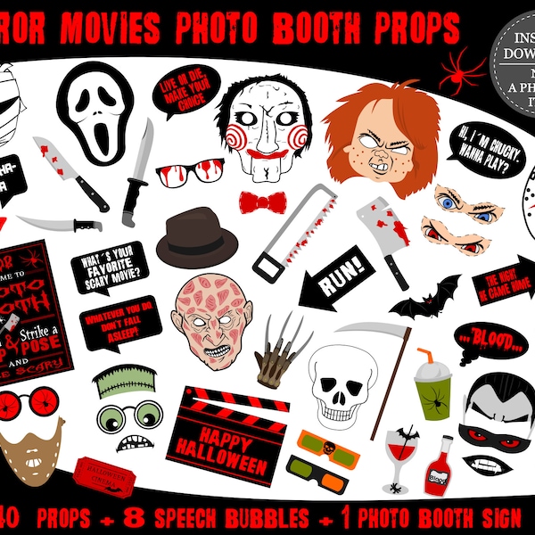 PRINTABLE Horror Movies Photo Booth Props–Halloween Photo Booth Sign-Printable Halloween Props-Halloween Photo Props-Horror Photo Props