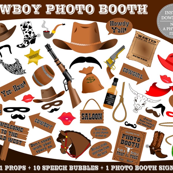 PRINTABLE Cowboy Photo Booth Props–Photo Booth Sign-Wild West Photo Booth–Western Photo Props-Cowboy Props-Cowgirl Props-Instant Download