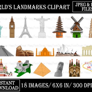 Printable World Landmarks Clip Art-World Famous Landmarks-World Monuments-World Clipart-Travel Clipart-Digital Graphics-Instant Download-WL1