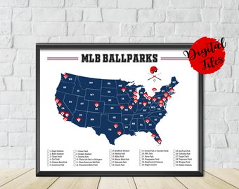 PRINTABLE MLB Ballparks Map-Baseball Stadiums Map-Major League Baseball Ballparks Checklist-Baseball Map-Baseball Checklist-Baseball Gift