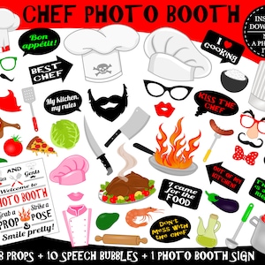 May include: A set of 38 printable photo booth props and 10 speech bubbles with a chef theme. The props include a chef hat, mustache, glasses, a chef's knife, a spatula, a rolling pin, a pot, a ladle, a tomato, a pepper, a pizza, a shrimp, a chicken, a fire, a speech bubble that says "I love cooking", a speech bubble that says "Kiss the chef", a speech bubble that says "My kitchen, my rules", a speech bubble that says "The chef is always right", a speech bubble that says "Out of my kitchen", a speech bubble that says "I came for the food", a speech bubble that says "Don't mess with the chef", a speech bubble that says "Yummy", a speech bubble that says "Bon appétit!" and a speech bubble that says "Best chef".