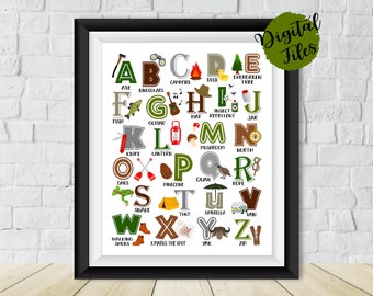 Camping Alphabet Poster-PRINTABLE Alphabet-Camper Alphabet Poster-Outdoor Nature Camping ABC Poster-Kids Room Decor-Camping Nursery Wall Art