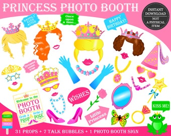 May include: A set of 31 princess-themed photo booth props, including crowns, wands, glasses, and a sign that says "Welcome to the Photo Booth". The props are colorful and fun, perfect for a princess-themed party.