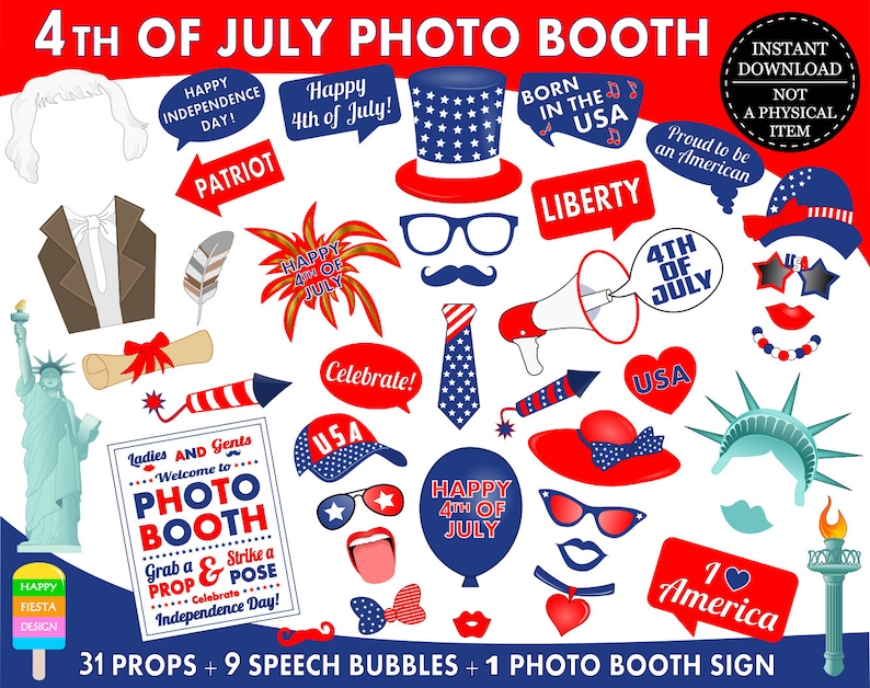PRINTABLE 4th Of July Photo Booth Props-Independence Day Props-Printable American Photo Booth Props-USA Photo Props-Instant Download image 1