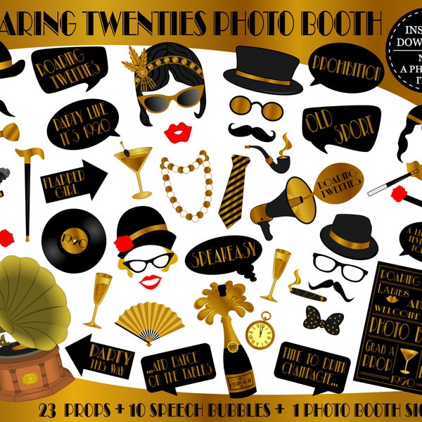 PRINTABLE Roaring Twenties Photo Booth Props–1920 Props-Roaring Twenties Props-1920 Photo Props-Jazz Props-Music Props-Instant Download