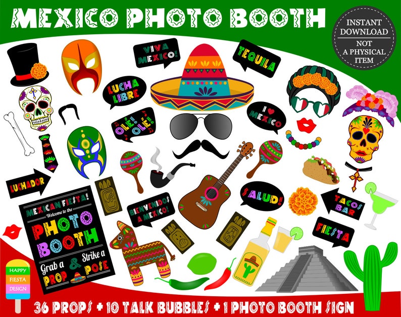 PRINTABLE Mexico Photo Booth Props-Printable Fiesta Props-Cinco De Mayo Props-Mexico Props-Travel Photo Props-Mexican Party-Instant Download image 1