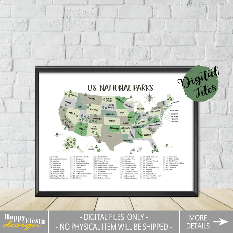 printable us national parks map us national parks checklist 62 etsy