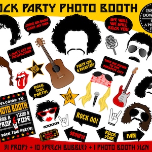 Puede incluir: Un conjunto de 31 accesorios de cabina de fotos imprimibles con temática de rock and roll. Los accesorios incluyen burbujas de diálogo, un cartel de cabina de fotos y varias imágenes con temática de rock and roll, como una guitarra, un micrófono y una estrella de rock.