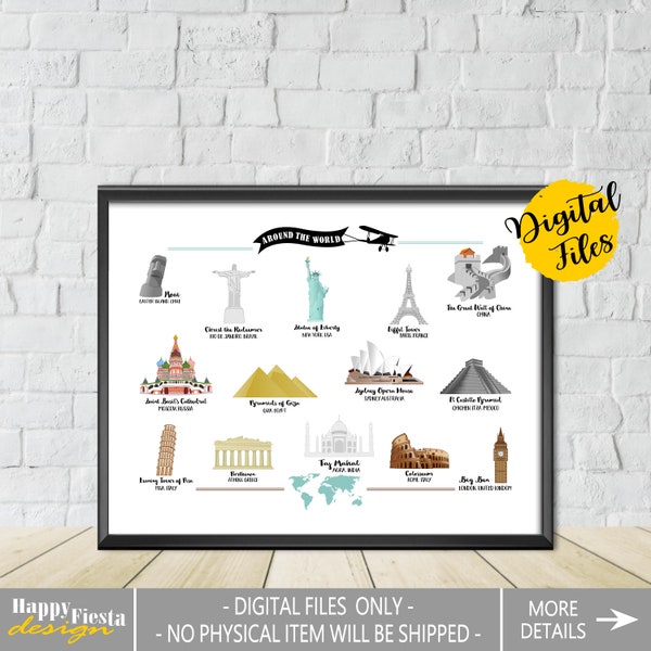 Printable World Landmarks Poster-Adventure Print-Monuments Of The World Print-Famous Buildings-Wall Art Print-Travel Print-Kids Room Decor