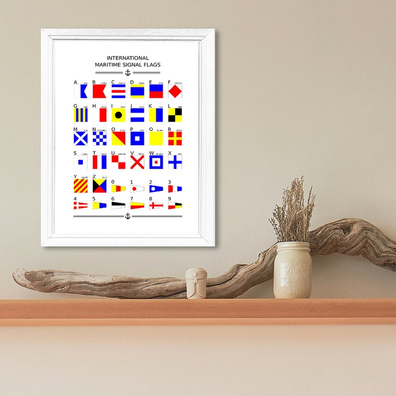 May include: A white framed poster with the title "International Maritime Signal Flags". The poster shows a chart of 26 flags representing the letters of the alphabet, 10 flags representing the numbers 0-9, and an anchor symbol.
