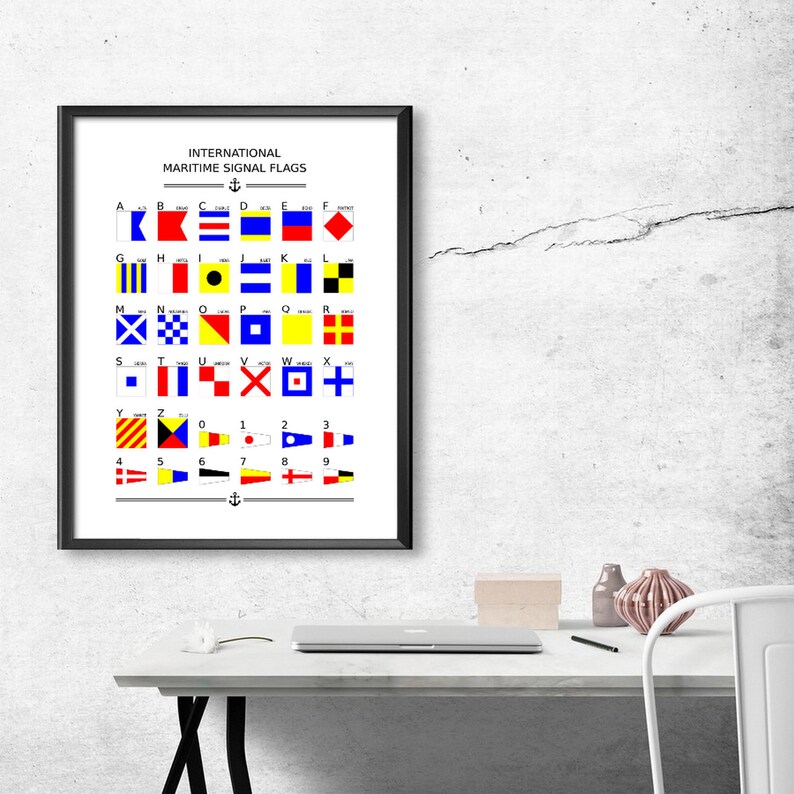 May include: A black and white chart with the International Maritime Signal Flags. The flags are arranged in alphabetical order and include the letters A through Z, the numbers 0 through 9, and a few special flags. The chart is titled "International Maritime Signal Flags".