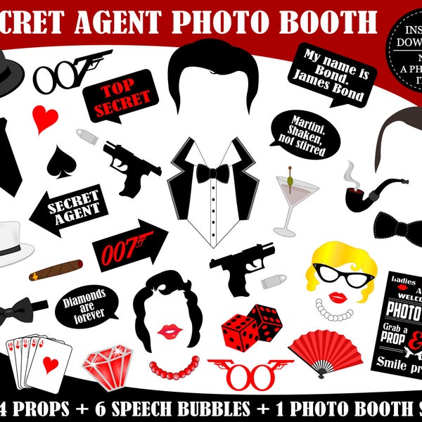 PRINTABLE James Bond Photo Booth Props–Printable Agent 007 Props-James Bond Props-007 Photo Props-Printable Props-Instant Download