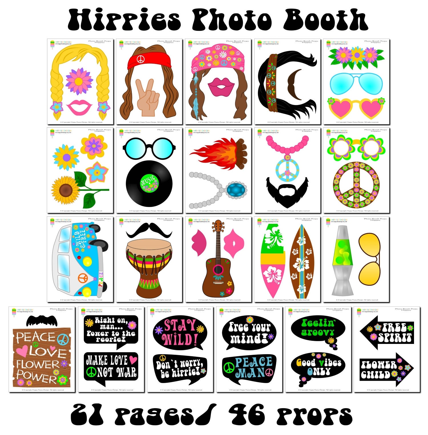 PRINTABLE Hippies Photo Booth PropsHippies Props-70s Party | Etsy