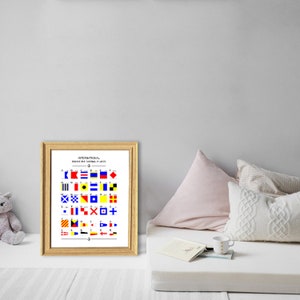 May include: A framed print of the International Maritime Signal Flags. The flags are arranged in alphabetical order and numbered order. The flags are red, yellow, blue, black, and white.