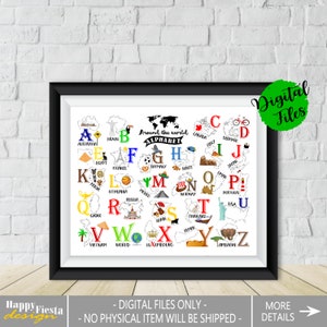 World Alphabet Poster-PRINTABLE Alphabet-Around The World Travel Alphabet-Country A-Z-World ABC Poster-Kids Room Decor-Nursery Wall Art