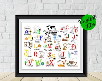 World Alphabet Poster-PRINTABLE Alphabet-Around The World Travel Alphabet-Country A-Z-World ABC Poster-Kids Room Decor-Nursery Wall Art