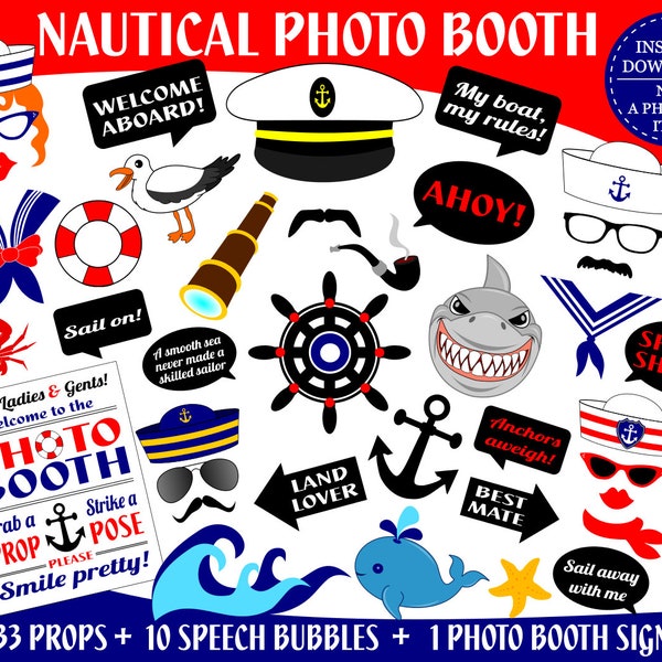 PRINTABLE Sailor Photo Booth Props–Nautical Photo Props-Sailor Props-Seaman Props-Captain Photo Props-Nautical Props-Instant Download
