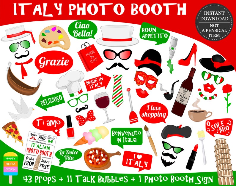 PRINTABLE Italy Photo Booth PropsItaly Travel Props-Italian Party Props-Italian Props-Italy Photo Props-Photo Booth Sign-Instant Download image 1