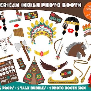 May include: A set of 25 printable photo booth props and 5 talk bubbles with an American Indian theme. The props include a headdress, a skull, an axe, a canoe, a tipi, a fire, a horse head, a bow and arrow, a peace pipe, and more. The talk bubbles include phrases like "How!" and "Okie Shkoso Bko-Wa". The set also includes a photo booth sign that says "Welcome to Photo Booth".