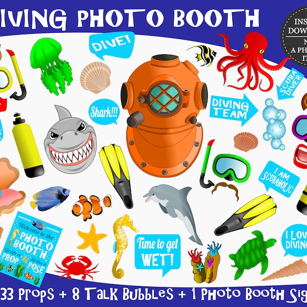 PRINTABLE Diving Photo Booth Props-Under The Sea Photo Props-Diving Props-Diver Photo Props-Shark Props-Diver Props-Instant Download