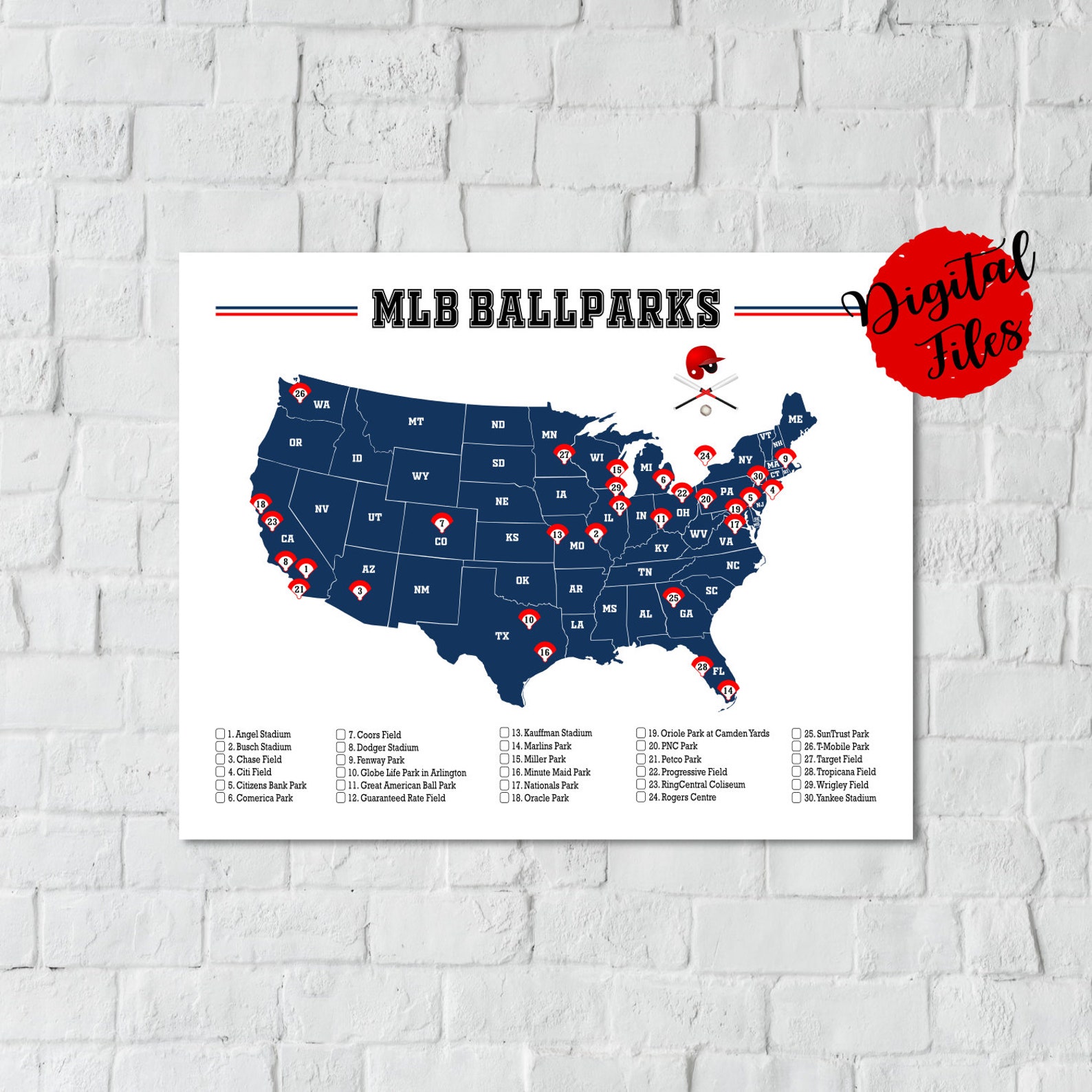 PRINTABLE MLB Ballparks Map-baseball Stadiums Map-major League Baseball ...